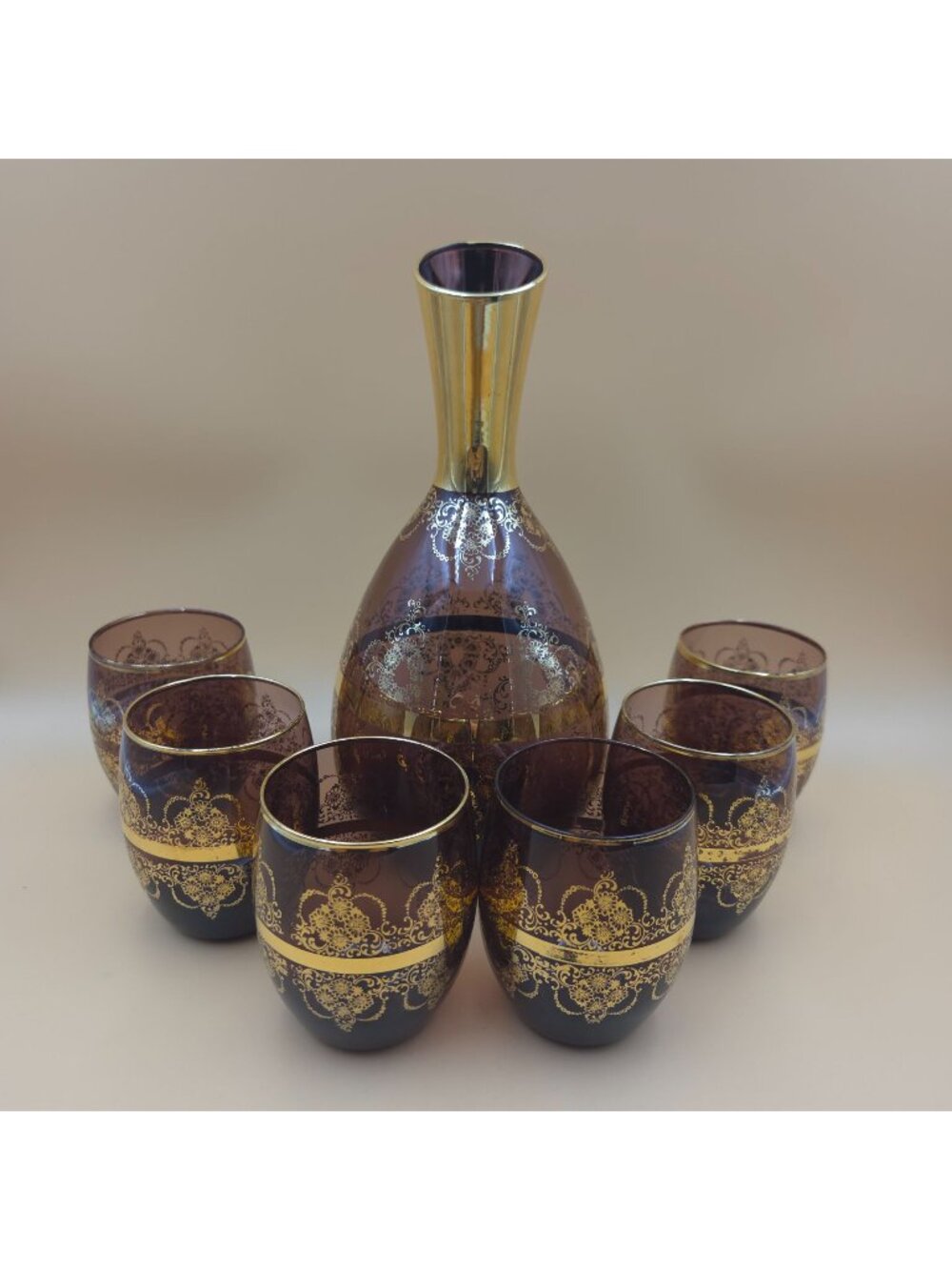 Murano Laguna Venezia Amethyst Glass Decanter 6 Glasses 22K Gold Trim Set